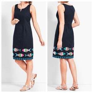Talbots navy blue beaded embroidered fish sheath dress 8